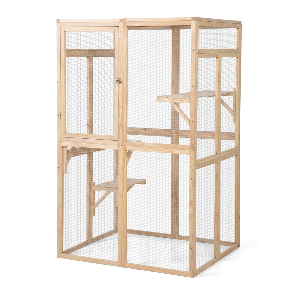 English Elm Wooden Pine Outdoor Cat Enclosure with Platforms Hammock and Uv Resistant Roof W2181P191345
