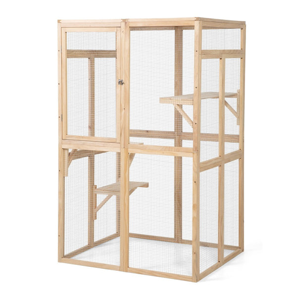 English Elm Wooden Pine Outdoor Cat Enclosure with Platforms Hammock and Uv Resistant Roof W2181P191345