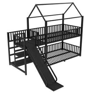 English Elm Full Metal House Bunk Bed with Slide Storage Stairs and Safety Rails for Kids W1580S00344