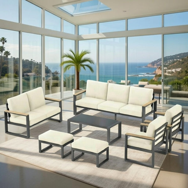 English Elm All-weather 9 Seat Aluminum Patio Conversation Set with Tempered Glass Table Beige+Grey B082S00114