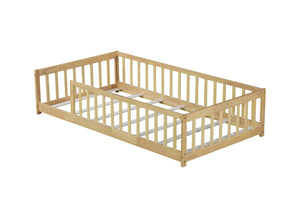English Elm Twin Size Rubberwood Floor Bed with Safety Fence for Toddler Rooms Natural Finish W504P370528