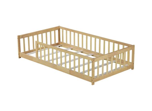 English Elm Twin Size Rubberwood Floor Bed with Safety Fence for Toddler Rooms Natural Finish W504P370528
