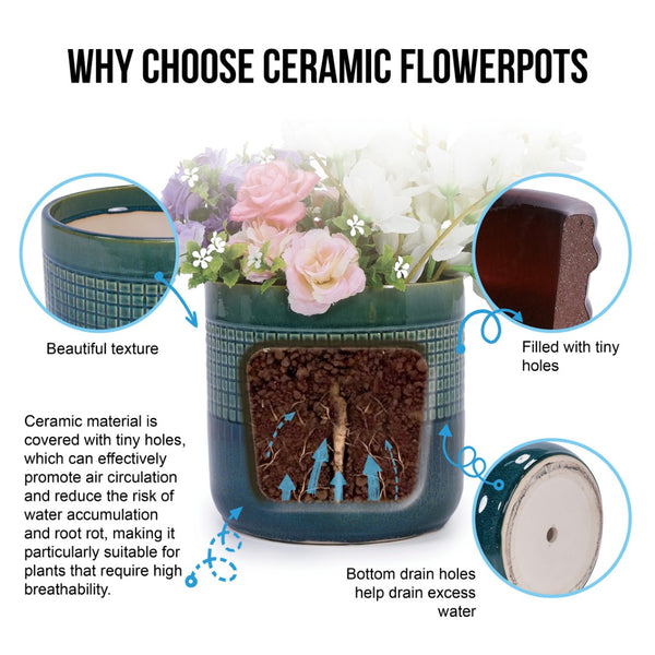 English Elm Set Of 3 Handcrafted Grid Ceramic Planters - Modern Blue-Green Flowerpots For Home & Garden Decor W3273P322259-GIGA