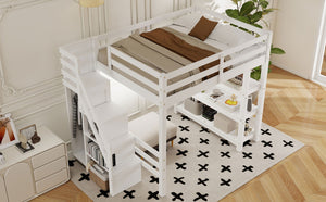 English Elm Full Size Loft Bed with Wardrobe Storage Staircase Shelves and Led Lighting N7090000472K-1