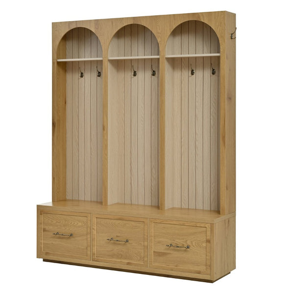 English Elm Farmhouse Hall Tree with Triple Arch Back Panel Eight Hooks Drawers and Entryway Bench N721S000071L