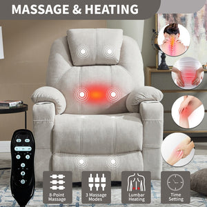 English Elm Up to 350 Lbs Chenille Power Lift Recliner with Massage Heating and Usb Charging Ports Beige W3224S00027