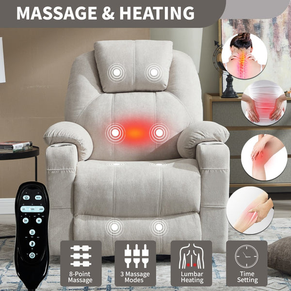 English Elm Up to 350 Lbs Chenille Power Lift Recliner with Massage Heating and Usb Charging Ports Beige W3224S00027
