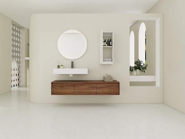 English Elm 60 Inch Wall-Mounted Bathroom Vanity Set With Resin Sink, Soft-Close Drawers, And Side Cabinet Space W999S00284