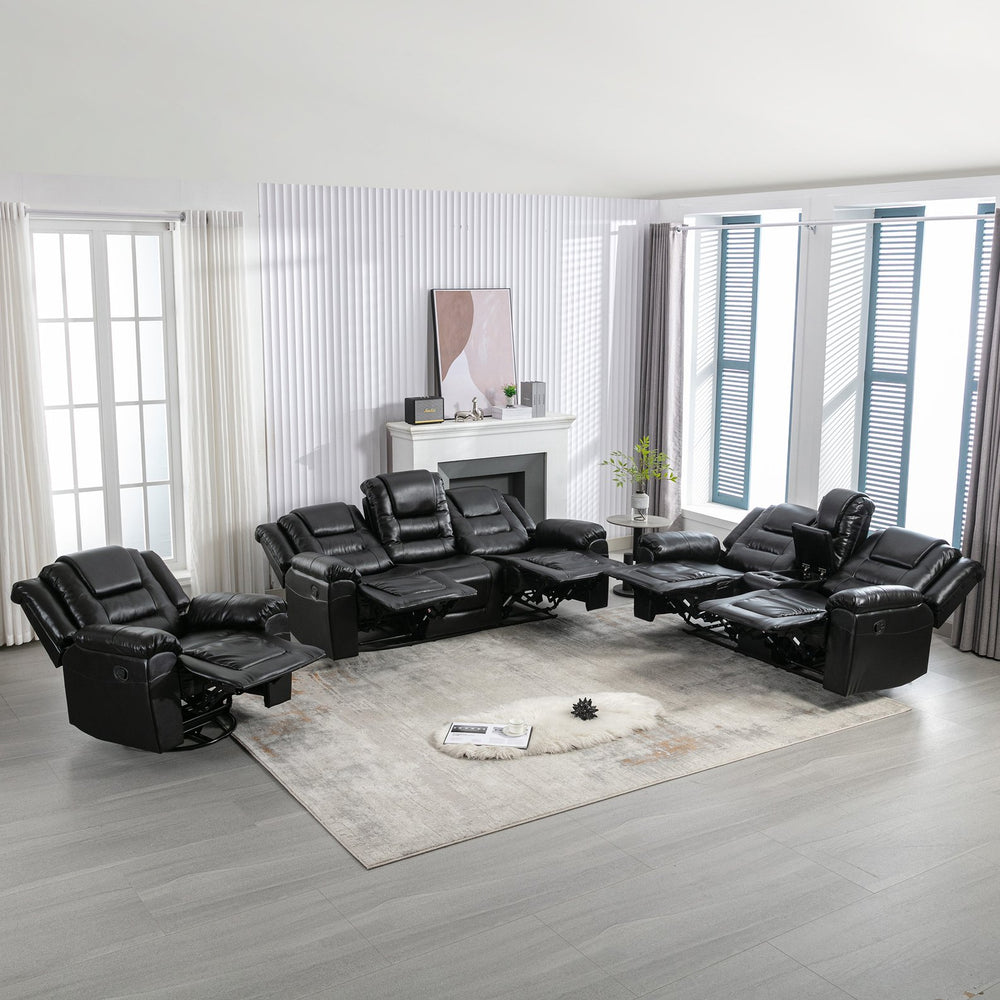 English Elm Home Theater Recliner Set Manual recliner with wide armrests, dual cup holders, durable PU upholstery, sturdy iron frame and foam comfort for living room and bedroom relaxation Black SG001460AAB