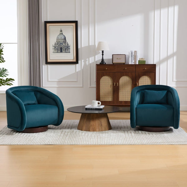 English Elm Swivel Barrel Chair Pumpkin Sculptural Velvet Upholstered with Walnut Wood Round Base Teal W3244P427742
