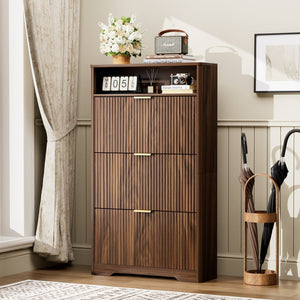 English Elm Shoe Cabinet Slim Entryway Organizer with Flip Compartments Wave Front and Gold Hardware Walnut W1162P384347