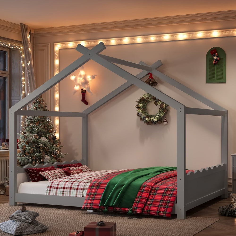 English Elm Queen House Bed Frame Solid Pine Low Profile Montessori Floor Design for Kids Room W1580P387854