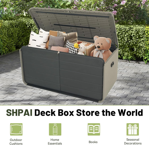 English Elm Resin 160 Gallon Deck Box - Heavy-Duty Waterproof Outdoor Storage Bench with Lockable Lid, Gray W1859P385057