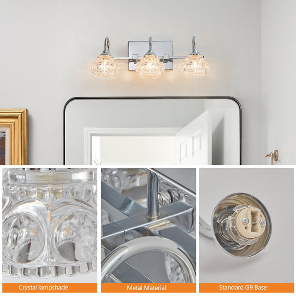 English Elm 17" Nickel Vintage Crystal Glass Vanity Light - 3-Light Hardwired Bathroom Mirror Fixture, Clear Shades, Iron Design W1340P206723