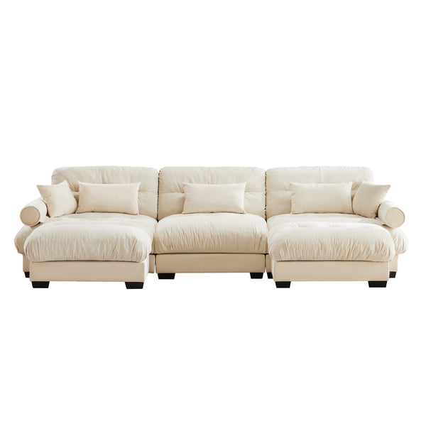 English Elm U U Shape Modular Velvet Sectional Sofa with Movable Ottomans, Cloud Seats, Bolster Arms, Cream W714S01073