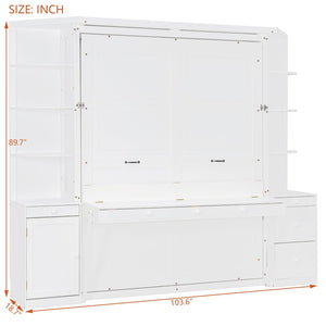 English Elm Queen Murphy Bed with Integrated Desk Cabinet Storage Wall Unit for Home Office White LP000739AAK