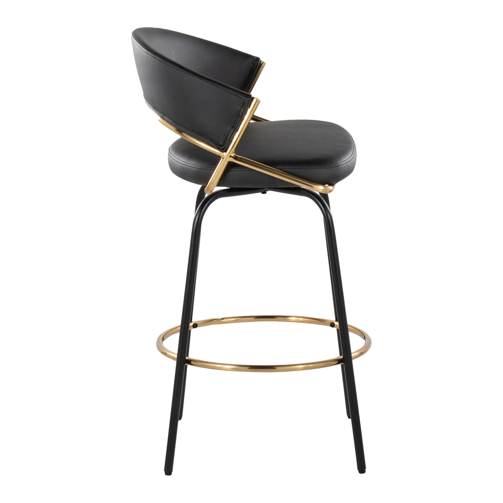 English Elm Jie 26" Fixed-Height Counter Stool Set of 2 — Gold Accent Swivel, Black Faux Leather, Modern Glam Seating B202S00336