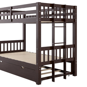 English Elm Twin over Pull-out Bunk Bed with Trundle and Wheels, Space-Saving Pine/MDF Frame Sleeps Four Crowd-Friendly Design Espresso GX000301AAP