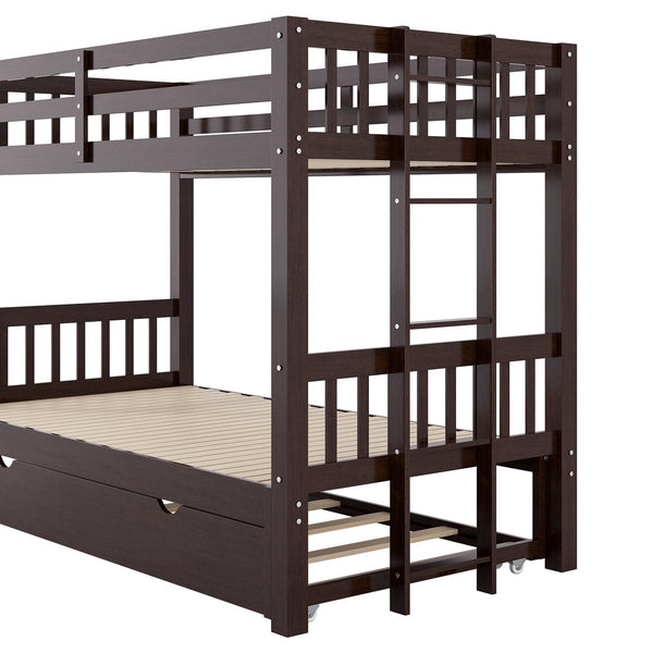 English Elm Twin over Pull-out Bunk Bed with Trundle and Wheels, Space-Saving Pine/MDF Frame Sleeps Four Crowd-Friendly Design Espresso GX000301AAP