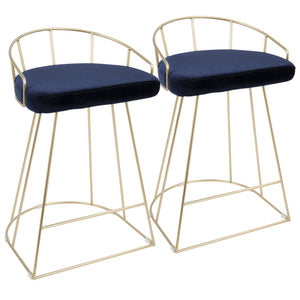 English Elm Canary Gold Frame Counter Stool Set of 2 with Blue Velvet Upholstery, Glam Contemporary 27"H B202P222360