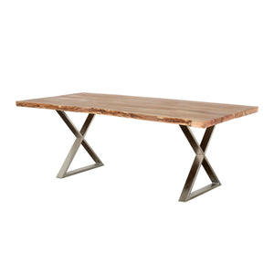 English Elm 70 Rustic 70" Acacia Wood Dining Table with Water-Resistant Top, Chrome Metal Legs Seats 6-8 Guests B2741S00019