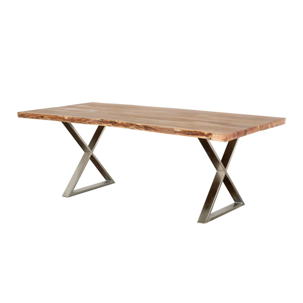 English Elm 70 Rustic 70" Acacia Wood Dining Table with Water-Resistant Top, Chrome Metal Legs Seats 6-8 Guests B2741S00019