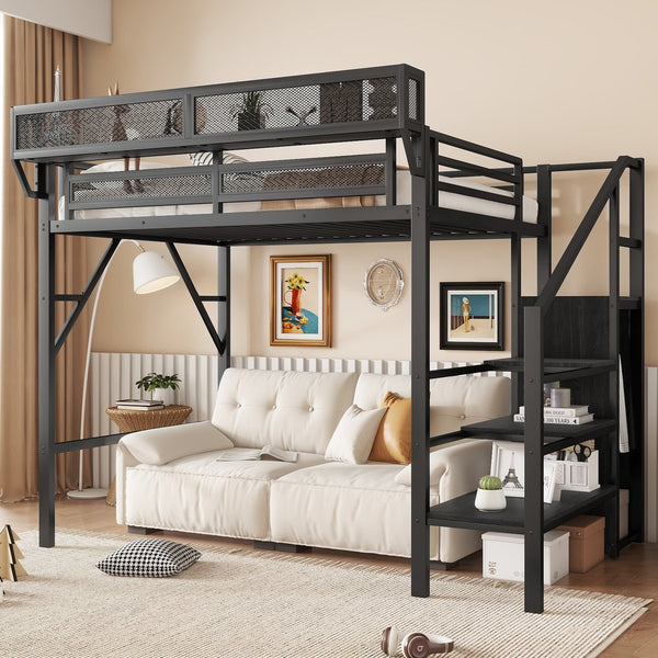 English Elm Twin Twin Size Loft Bed with Stairs and Built-In Shelves, Metal High Loft with Wardrobe for Kids Teens Black W2580S00035