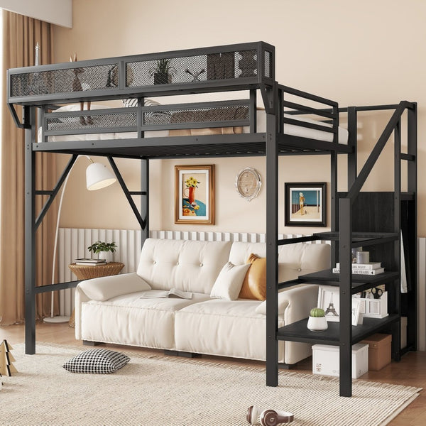 English Elm Twin Metal High Loft Bed with Staircase Storage Wardrobe for Kids and Teens Black W2580S00060