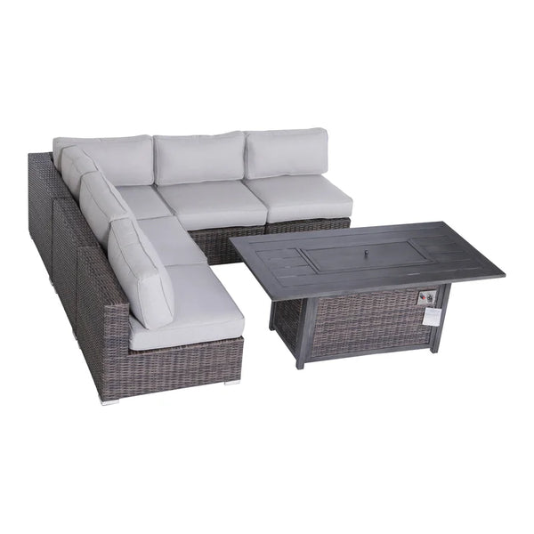 English Elm Fully Assembled 6-Piece Rattan Sectional Sofa Set With Fire Pit & Plush Cushions For Outdoor Comfort B120S00038