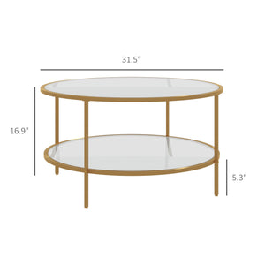 English Elm Homcom Elegant Gold Round Side Table With Two-Tier Tempered Glass Shelves For Stylish Living Rooms W2225P217455