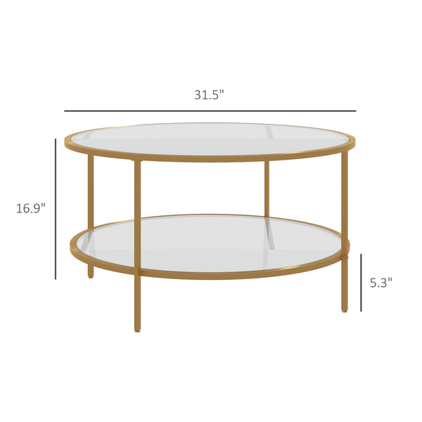 English Elm Homcom Elegant Gold Round Side Table With Two-Tier Tempered Glass Shelves For Stylish Living Rooms W2225P217455