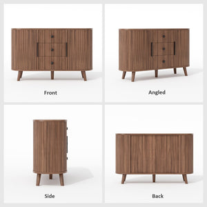 English Elm Sideboard Fluted Credenza with Three Drawers Two Doors Matte Black Modern Storage Walnut T3773P417317