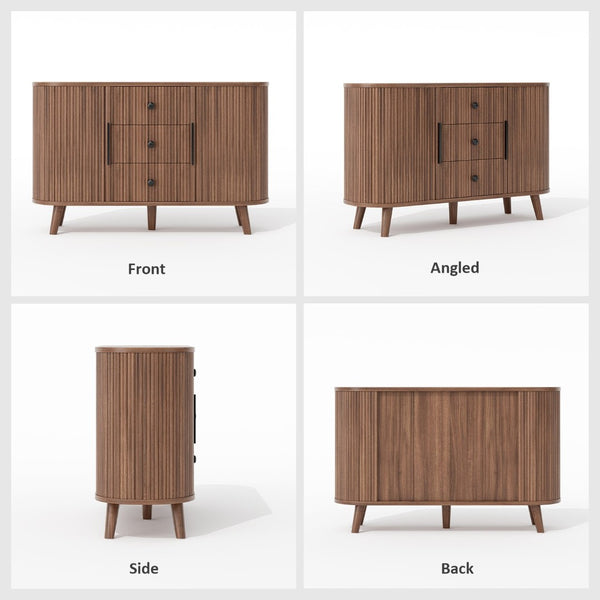 English Elm Sideboard Fluted Credenza with Three Drawers Two Doors Matte Black Modern Storage Walnut T3773P417317
