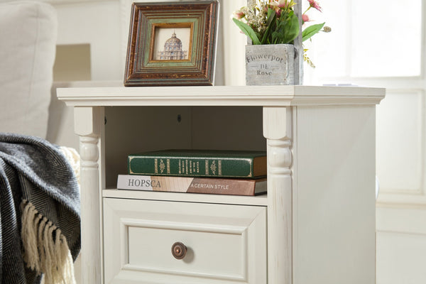 English Elm Farmhouse Rustic Nightstand with Built-in Charging Station Barn Wood Grain Storage White W2393P324429