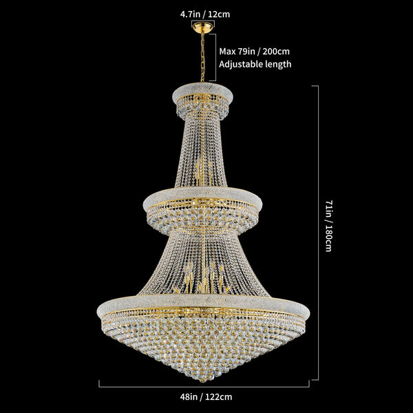 English Elm Grand Grand Gold Crystal Chandelier 48" 3-Tier Empire, 42 E12 Warm LEDs, 680 K9 Crystals, 79" Chain W2869S00005