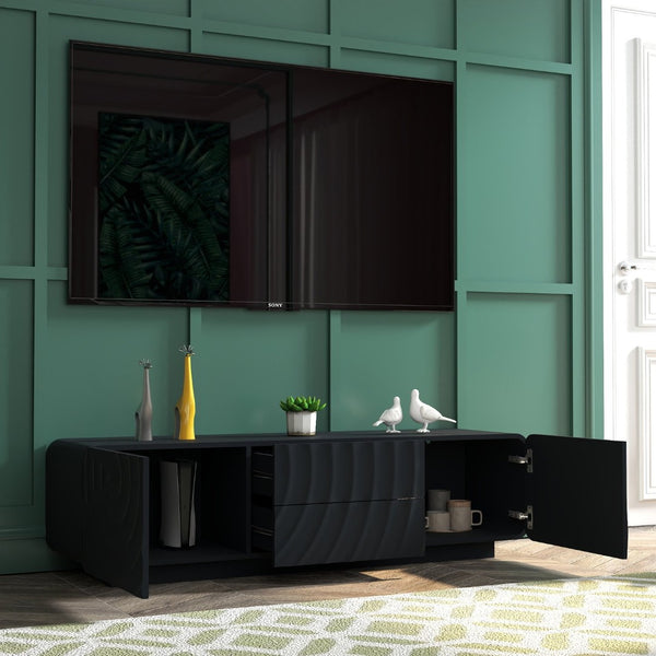 English Elm 58''tv Console Sculpted Spiral Wave Relief Walnut Mid-century Media Stand with Storage Black W2263P412355