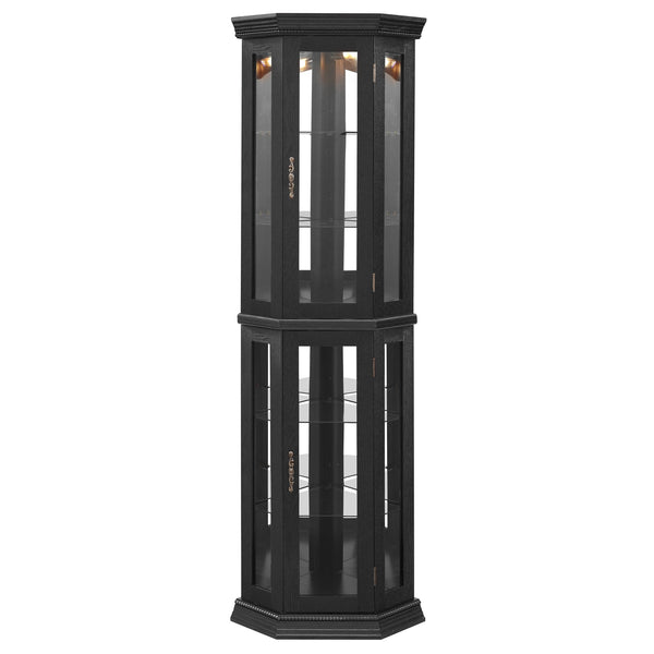 English Elm Lighted Corner Curio Cabinet - Elegant Display With Adjustable Shelves & Ambient Lighting - Black W1758P300129