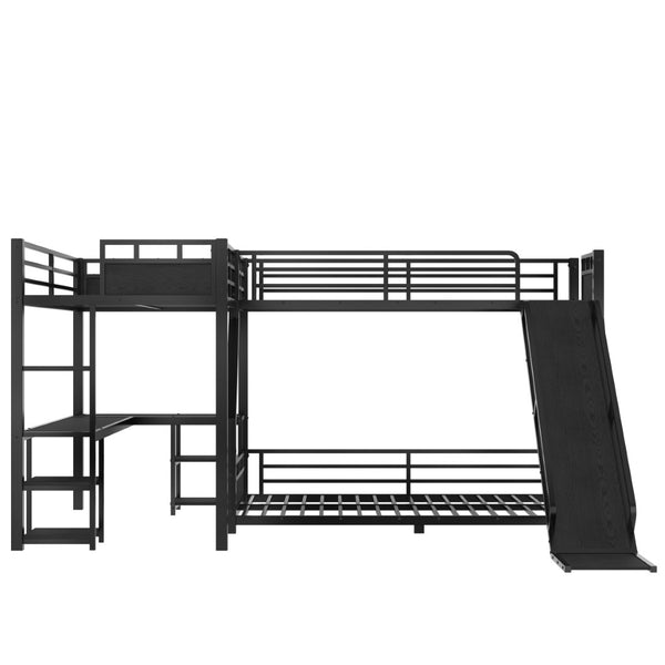 English Elm L-shaped Metal Triple Bunk Bed with Slide Desk and Storage for Shared Kids Rooms W1580S00568