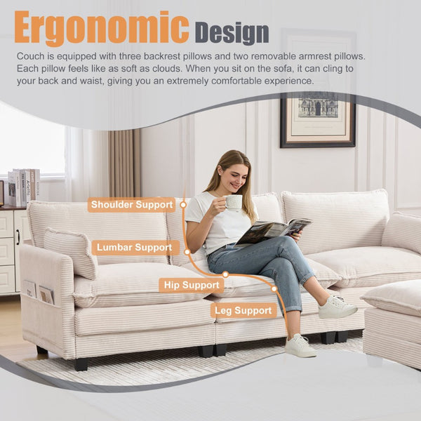 English Elm United We Win Modular Corduroy Sectional with Ottoman Low Profile Living Room Couch Beige W1568S00259