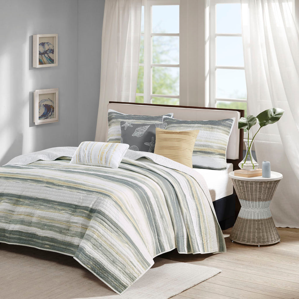 JLA Home Madison Park - 6 Coastal Watercolor Stripe Quilt Set with Embroidered Seashell Pillows, Reversible Modern Look 94 L x 104 W x 0.25H MP13-7945