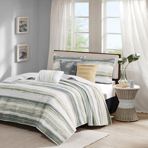 JLA Home Madison Park - 6 Coastal Watercolor Stripe Quilt Set with Embroidered Seashell Pillows, Reversible Modern Look 94 L x 104 W x 0.25H MP13-7945