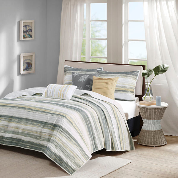JLA Home Madison Park - 6 Coastal Watercolor Stripe Quilt Set with Embroidered Seashell Pillows, Reversible Modern Look 94 L x 104 W x 0.25H MP13-7945