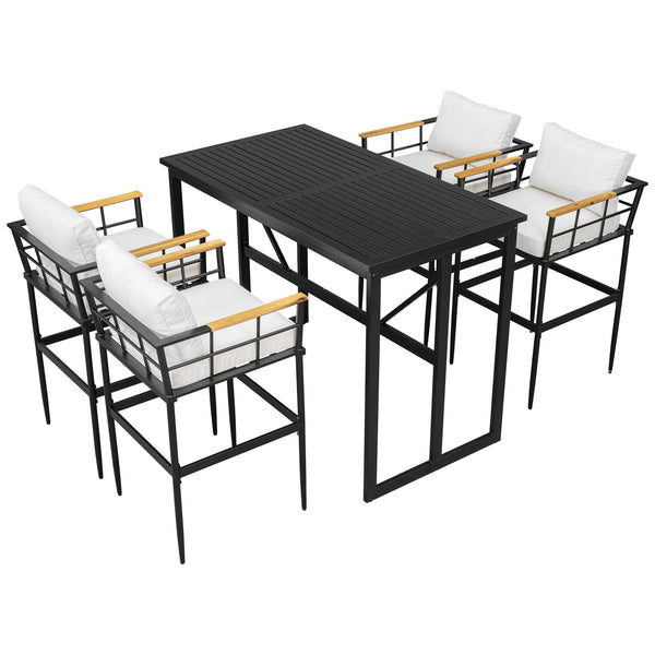English Elm U_Style Iron Outdoor Dining Set with Acacia Wood Armrests, 5-Piece Patio Set with Cushioned Seats and 400 lb Capacity Beige WY000445AAA