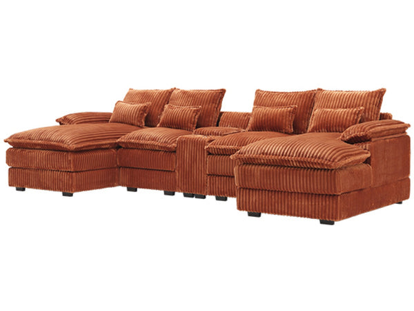 English Elm 120-inch Modular U-shaped Sectional Woolen Sofa with Usb Console Six Seat Living Room Orange W2564S00104