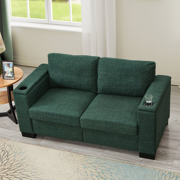 English Elm 67.7" Modern Loveseat Sofa with Cup Holders and Hidden Storage, Polyester Upholstery, Solid Wood Frame Green W1097S00193