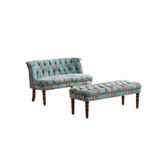 English Elm Sofa Accent Chair Tufted Floral Upholstery Turned Wood Legs European Vintage Bedroom W3373S00076