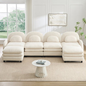 English Elm Teddy Fleece Curved Modular Sectional Sofa with Movable Ottomans for Cozy Living Rooms Beige White W5656S00089