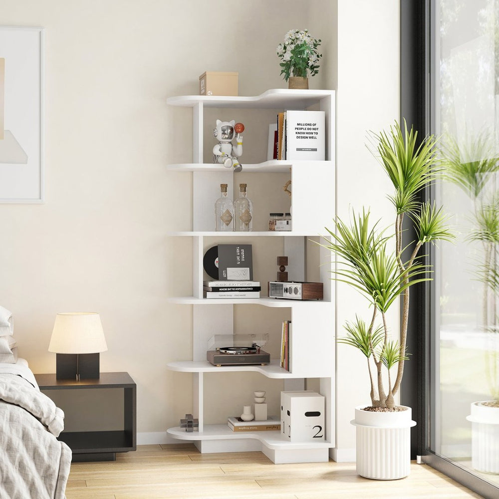 English Elm 5-tier Corner Bookcase L-shaped Freestanding Open Shelf Display for Home Office White T3623P436784