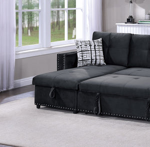 English Elm Black Velvet Convertible Sectional Sofa with Pull-Out Bed, Reversible Storage Chaise, Tufted Elegance B011S01023