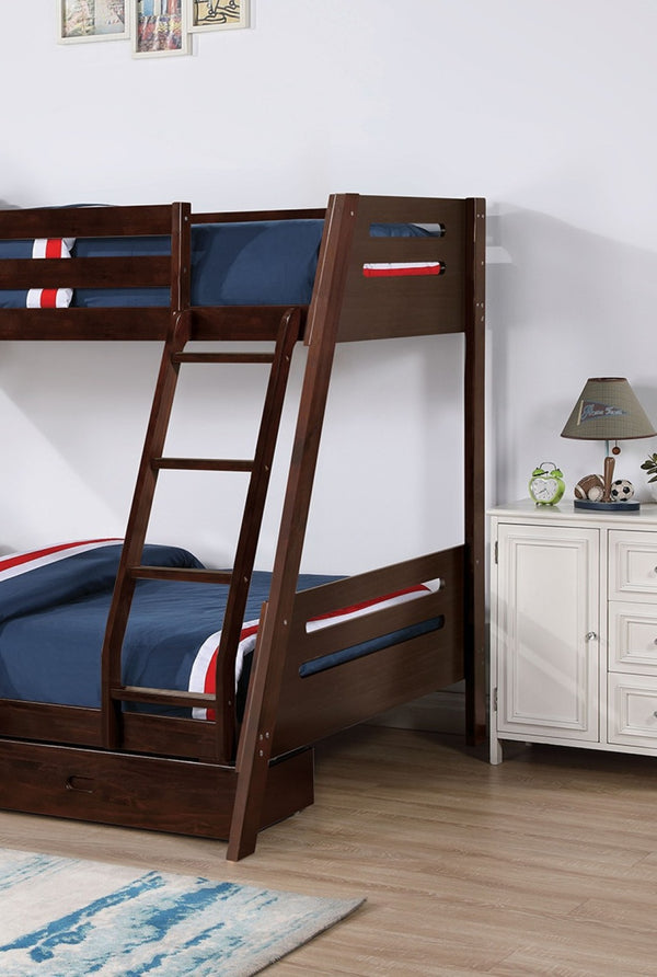English Elm Transitional Twin-Over-Full Bunk Bed In Espresso With Underbed Drawers & Safe Angled Ladder Design B2741S00276-GIGA